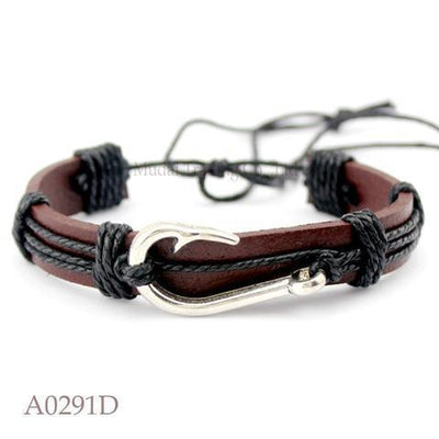 ANTIQUE SILVER FISHING HOOK LEATHER BRACELET